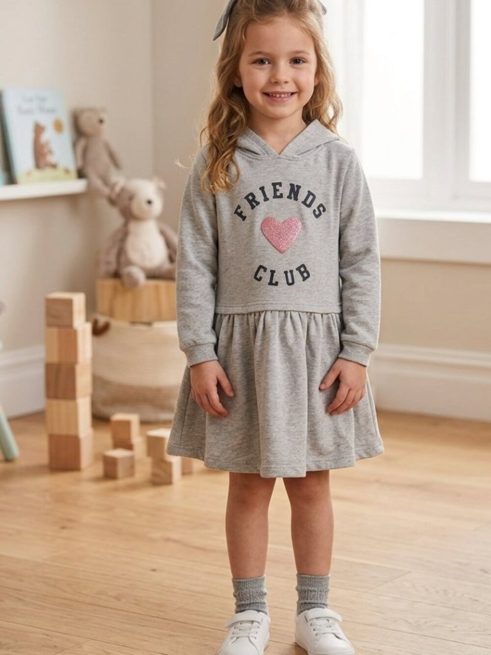 Girls Gray Friends Club Hooded Sweatshirt Dress 5/6